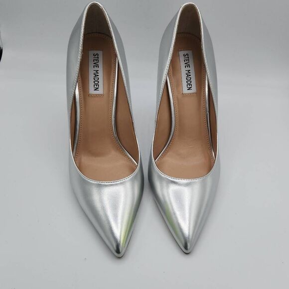 Steve Madden Evelyn Silver Stiletto Heeled Pointed Toe Slip On Dress Pumps Sz 9 - Picture 5 of 11